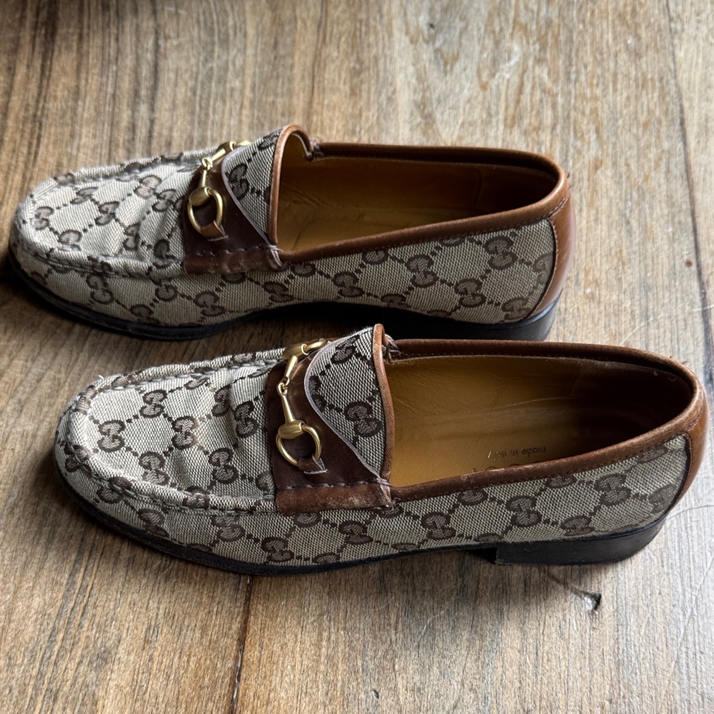 Gucci Beige and Brown Monogram Loafers